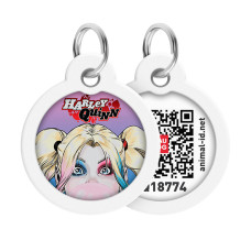 Адресник для собак і котів металевий WAUDOG Smart ID з QR паспортом, малюнок "Гарлі Квінн", коло, Д 30 мм