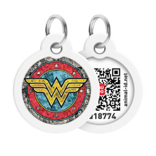 Адресник для собак і котів металевий WAUDOG Smart ID з QR паспортом, малюнок "Чудо-жінка 2", коло, Д 30 мм