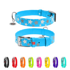 Нашийник для собак шкіряний WAUDOG Glamour з QR паспортом, візерунок "Зірочка", світлонакопичувальний/світловідбивний, L, Ш 25 мм, Дов 38-49 см блакитний