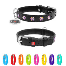 Нашийник для собак шкіряний WAUDOG Glamour з QR паспортом, з клейовими стразами "Квіти", Ш 20 мм, Дов 30-39 см