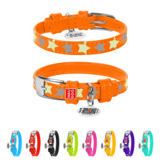 Нашийник для собак шкіряний WAUDOG Glamour з QR паспортом, візерунок "Зірочка", світлонакопичувальний/світловідбивний, XS, Ш 12 мм, Дов 21-29 см помаранчевий
