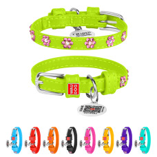 Нашийник для собак шкіряний WAUDOG Glamour з QR паспортом, з клейовими стразами "Квіти", Ш 12 мм, Дов 21-29 см салатовий