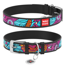 Нашийник для собак шкіряний WAUDOG Design з QR паспортом, малюнок "Літо", XS, Ш 12 мм, Дов 20-28 см, чорний
