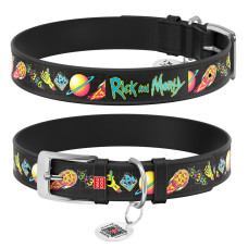 Нашийник для собак шкіряний WAUDOG Design з QR паспортом, малюнок "Рік та Морті 3", XL, Ш 35 мм, Д 46-59 см, чорний