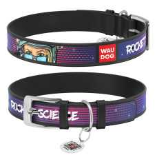 Нашийник для собак шкіряний WAUDOG Design з QR паспортом, малюнок "Космос. Ракетобудування", XL, Ш 35 мм, Дов 44-58 см чорний