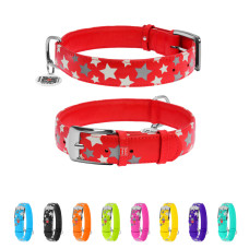 Нашийник для собак шкіряний WAUDOG Glamour з QR паспортом, візерунок "Зірочка", світлонакопичувальний/світловідбивний, XL, Ш 35 мм, Дов 46-60 см червоний