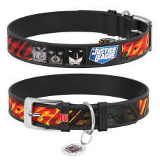 Нашийник для собак шкіряний WAUDOG Design з QR паспортом, малюнок "Ліга справедливості", Ш 15 мм, Дов 26-35 см чорний