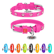 Нашийник для собак шкіряний WAUDOG Glamour з QR паспортом, з клейовими стразами "Квіти", Ш 9 мм, Дов 19-25 см рожевий