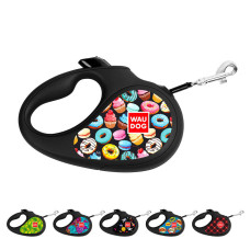 Повідець-рулетка для собак WAUDOG R-leash, малюнок "Пончики", XS, до 12 кг, 3 м, світловідбиваюча стрічка чорний