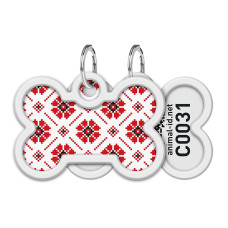 Адресник для собак і котів металевий WAUDOG Smart ID з QR паспортом, малюнок "Вишиванка", кістка, Д 40 мм, Ш 28 мм