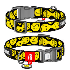 Нашийник для собак нейлоновий WAUDOG Nylon з QR-паспортом, малюнок "Смайли на чорному", пластиковий фастекс, L, Ш 25 мм, Дов 33-49 см