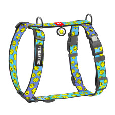 Шлея для собак анатомічна H-подібна WAUDOG Nylon з QR-паспортом, малюнок "Смайли на блакитному", пластиковий фастекс, M, Ш 20 мм, A 38-60 см, B 45-60 см