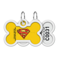Адресник для собак і котів металевий WAUDOG Smart ID з QR паспортом, малюнок "Супермен вінтаж", кістка, Д 40 мм, Ш 28 мм