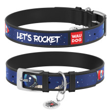 Нашийник для собак шкіряний WAUDOG Design з QR паспортом, малюнок "Космос. Ракета", XL, Ш 35 мм, Дов 44-58 см чорний