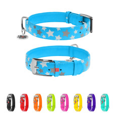 Нашийник для собак шкіряний WAUDOG Glamour з QR паспортом, візерунок "Зірочка", світлонакопичувальний/світловідбивний, XL, Ш 35 мм, Дов 46-60 см блакитний