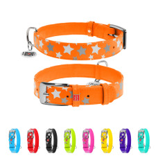 Нашийник для собак шкіряний WAUDOG Glamour з QR паспортом, візерунок "Зірочка", світлонакопичувальний/світловідбивний, M, Ш 20 мм, Дов 30-39 см помаранчевий