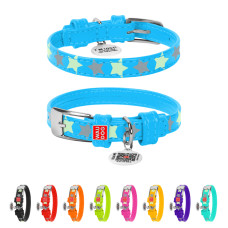 Нашийник для собак шкіряний WAUDOG Glamour з QR паспортом, візерунок "Зірочка", світлонакопичувальний/світловідбивний, XS, Ш 12 мм, Дов 19-25 см блакитний