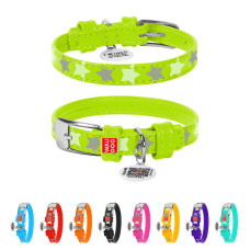 Нашийник для собак шкіряний WAUDOG Glamour з QR паспортом, візерунок "Зірочка", світлонакопичувальний/світловідбивний, S, Ш 15 мм, Дов 27-36 см салатовий
