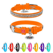 Нашийник для собак шкіряний WAUDOG Glamour з QR паспортом, з прикрасою "Полотно стрази", XS, Ш 12 мм, Дов 21-29 см помаранчевий