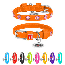 Нашийник для собак шкіряний WAUDOG Glamour з QR паспортом, з клейовими стразами "Квіти", Ш 9 мм, Дов 18-21 см помаранчевий