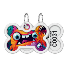 Адресник для собак і котів металевий WAUDOG Smart ID з QR паспортом, малюнок "Зубасті монстри", кістка, Д 40 мм, Ш 28 мм