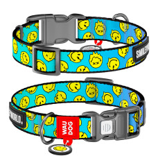 Нашийник для собак нейлоновий WAUDOG Nylon з QR-паспортом, малюнок "Смайли на блакитному", пластиковий фастекс, М, Ш 20 мм, Дл 28-40 см