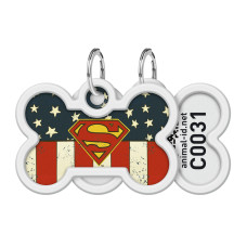 Адресник для собак і котів металевий WAUDOG Smart ID з QR паспортом, малюнок "Супермен Америка", кістка, Д 40 мм, Ш 28 мм