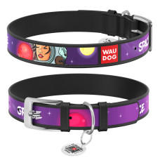 Нашийник для собак шкіряний WAUDOG Design з QR паспортом, малюнок "Більше космосу", L, Ш 25 мм, Дов 37-48 см чорний