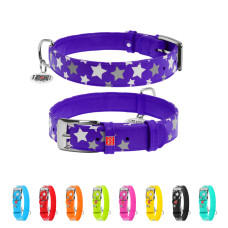 Нашийник для собак шкіряний WAUDOG Glamour з QR паспортом, візерунок "Зірочка", світлонакопичувальний/світловідбивний, M, Ш 20 мм, Дов 30-39 см фіолетовий
