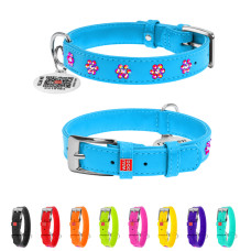 Нашийник для собак шкіряний WAUDOG Glamour з QR паспортом, з клейовими стразами "Квіти", Ш 15 мм, Дов 27-36 см блакитний