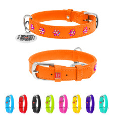 Нашийник для собак шкіряний WAUDOG Glamour з QR паспортом, з клейовими стразами "Квіти", Ш 20 мм, Дов 30-39 см