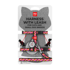 Шлея з повідцем для котів та дрібних порід собак WAUDOG Nylon з QR паспортом, малюнок "Банани на рожевому", пластиковий фастекс, XS, Ш 10 мм, В 25-40 см, С 20-30 см