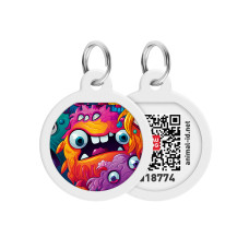 Адресник для собак і котів металевий WAUDOG Smart ID з QR паспортом, малюнок "Зубасті монстри", коло, Д 25 мм