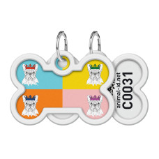 Адресник для собак і котів металевий WAUDOG Smart ID з QR паспортом, малюнок "Французький бульдог", кістка, Д 40 мм, Ш 28 мм