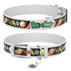 Нашийник для собак шкіряний WAUDOG Design з QR паспортом, малюнок "Рік та Морті 3", XL, Ш 35 мм, Д 46-59 см, білий