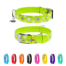 Нашийник для собак шкіряний WAUDOG Glamour з QR паспортом, візерунок "Зірочка", світлонакопичувальний/світловідбивний, XL, Ш 35 мм, Дов 46-60 см салатовий