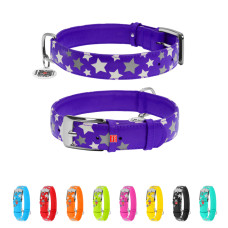 Нашийник для собак шкіряний WAUDOG Glamour з QR паспортом, візерунок "Зірочка", світлонакопичувальний/світловідбивний, XL, Ш 35 мм, Дов 46-60 см фіолетовий