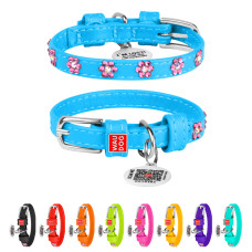 Нашийник для собак шкіряний WAUDOG Glamour з QR паспортом, з клейовими стразами "Квіти", Ш 9 мм, Дов 19-25 см блакитний