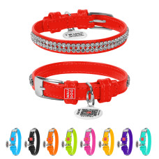 Нашийник для собак шкіряний WAUDOG Glamour з QR паспортом, з прикрасою "Полотно стрази", XS, Ш 12 мм, Дов 21-29 см червоний