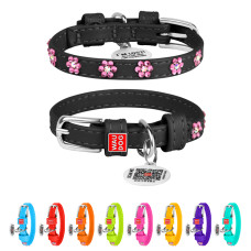 Нашийник для собак шкіряний WAUDOG Glamour з QR паспортом, з клейовими стразами "Квіти", Ш 9 мм, Дов 18-21 см чорний