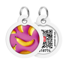 Адресник для собак і котів металевий WAUDOG Smart ID з QR паспортом, малюнок "Банани на рожевому", коло, Д 30 мм
