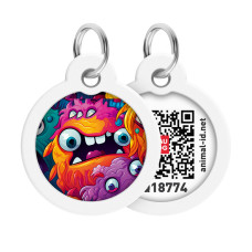 Адресник для собак і котів металевий WAUDOG Smart ID з QR паспортом, малюнок "Зубасті монстри", коло, Д 30 мм