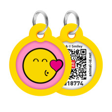 Адресник для собак і котів металевий WAUDOG Smart ID з QR паспортом, малюнок "Смайли на рожевому", коло, Д 30 мм