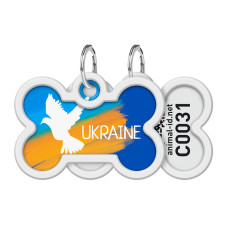 Адресник для собак і котів металевий WAUDOG Smart ID з QR паспортом, малюнок "Прапор", кістка, Д 40 мм, Ш 28 мм