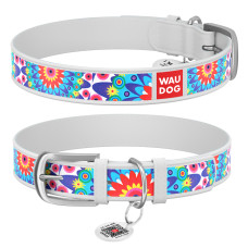 Нашийник для собак шкіряний WAUDOG Design з QR паспортом, малюнок "Квіти", Ш 12 мм, Дов 21-29 см білий