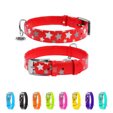 Нашийник для собак шкіряний WAUDOG Glamour з QR паспортом, візерунок "Зірочка", світлонакопичувальний/світловідбивний, M, Ш 20 мм, Дов 30-39 см червоний