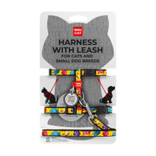 Шлея з повідцем для котів та дрібних порід собак WAUDOG Nylon з QR паспортом, малюнок "Мохнаті монстри", пластиковий фастекс, XS, Ш 10 мм, В 25-40 см, С 20-30 см