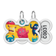 Адресник для собак і котів металевий WAUDOG Smart ID з QR паспортом, малюнок "Мохнаті монстри", кістка, Д 40 мм, Ш 28 мм