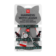 Шлея з повідцем для котів та дрібних порід собак WAUCAT Nylon з QR адресником, малюнок "Луска", пластиковий фастекс, XS, Ш 10 мм, В 25-40 см, С 20-30 см