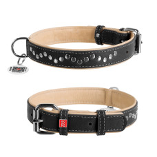 Нашийник для собак шкіряний WAUDOG Soft з QR паспортом, металічні прикраси, Ш 25 мм, Дов 38-49 см чорний